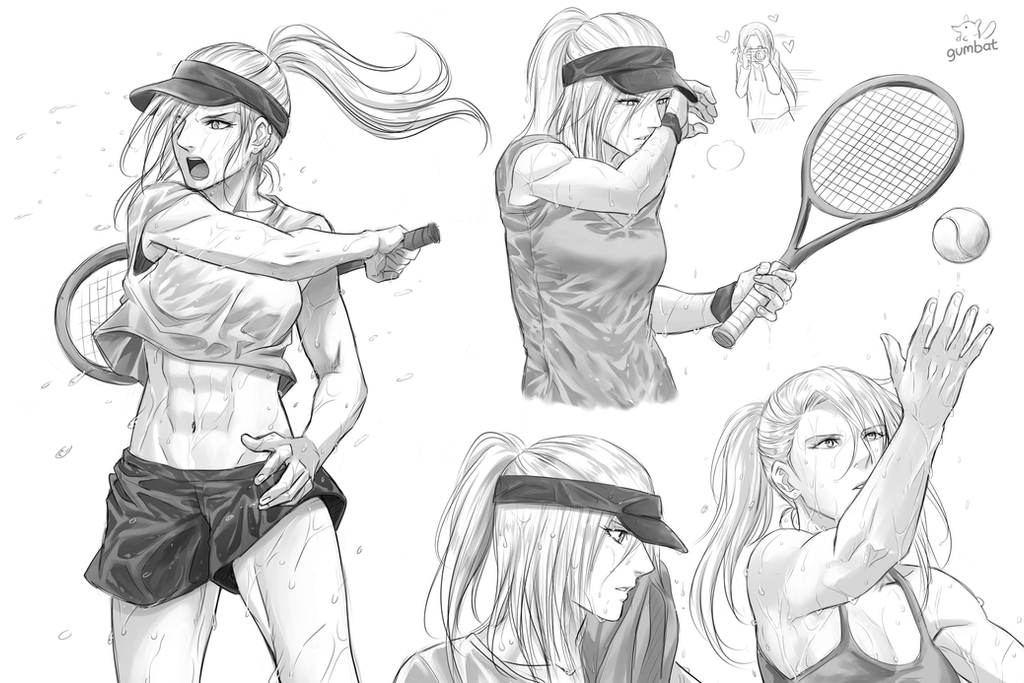 1girl, 1other, abs, athletic, ball, camera, crop_top, dripping