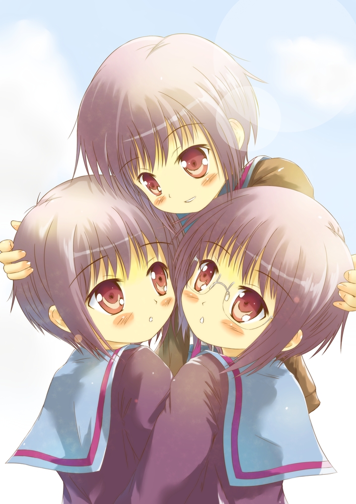 brown_eyes, cardigan, glasses, grey_hair, kakashi, multiple_persona, nagato_yuki, nagato_yuki_(shoushitsu)