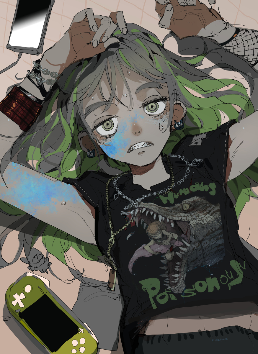 1girl, armpits, arms_up, black_shirt, chain_necklace, demizu_posuka, ear_piercing, eyelashes