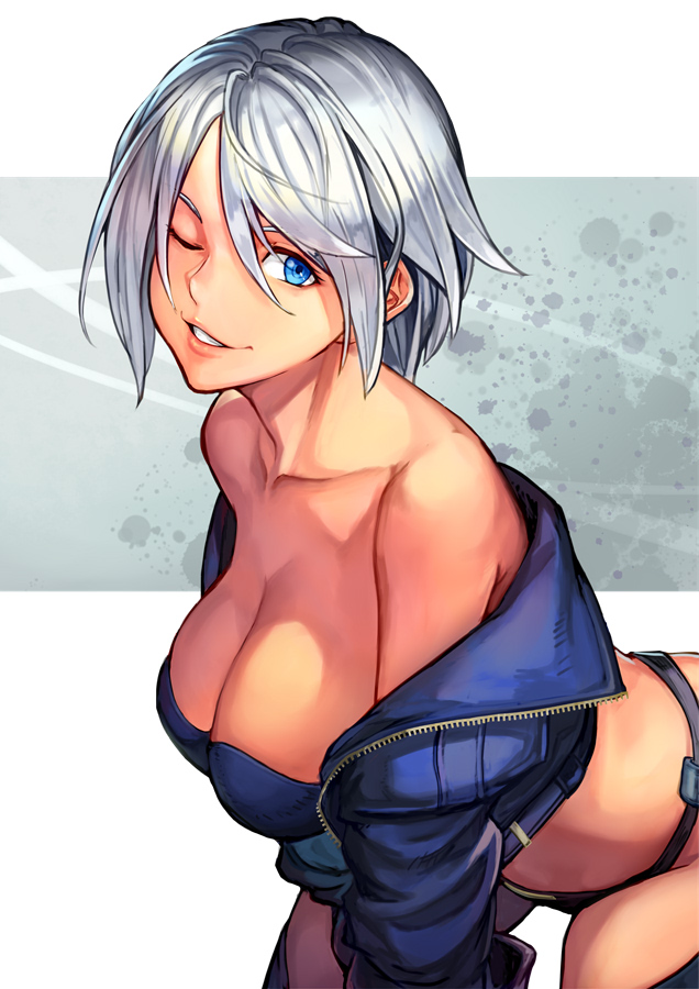1girl, angel_(kof), bangs, blue_eyes, bra, breasts, chaps, cropped_jacket