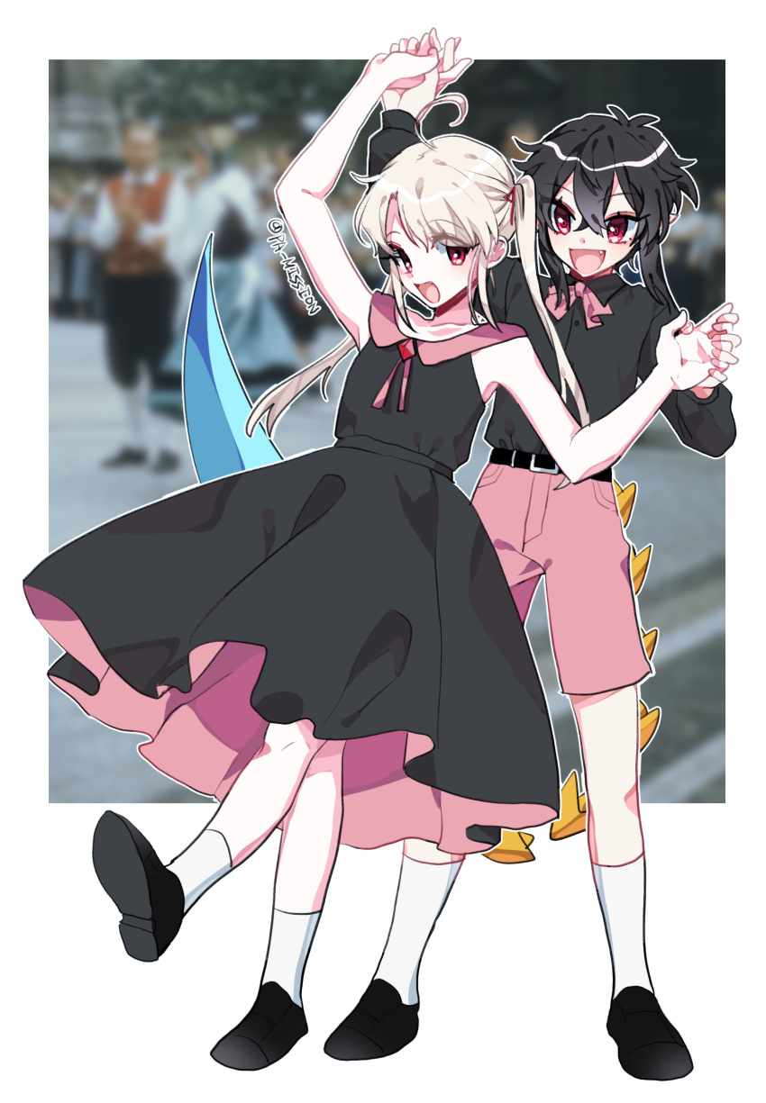 1boy, 1girl, black_dress, black_hair, black_shirt, blonde_hair, blush, bow, bowtie, deily_(koyashaka), dress, full_body, hair_bow, hetero, highres, koyashaka, looking_at_viewer, lord_of_heroes, matching_outfit, multicolored_clothes, multicolored_dress, nine_(dark), nine_(lord_of_heroes), original, pale_skin, pink_bow, pink_bowtie, pink_dress, pink_eyes, pink_shorts, pointy_ears, shirt, shorts, twintails, violet_eyes