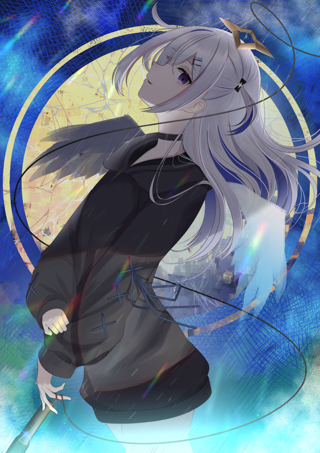 1girl, amane_kanata, angel_wings, bangs, black_choker, black_hoodie, blue_hair, choker, cowboy_shot, eyebrows_visible_through_hair, fragile_(vocaloid), from_side, hair_ornament, hairclip, halo, highres, holding, holding_microphone, hololive, hood, hood_down, hoodie, kachikachipiroo, long_hair, long_sleeves, looking_at_viewer, microphone, multicolored_hair, parted_lips, pink_hair, profile, sideways_glance, silver_hair, solo, standing, star_halo, streaked_hair, two_side_up, violet_eyes, virtual_youtuber, wings