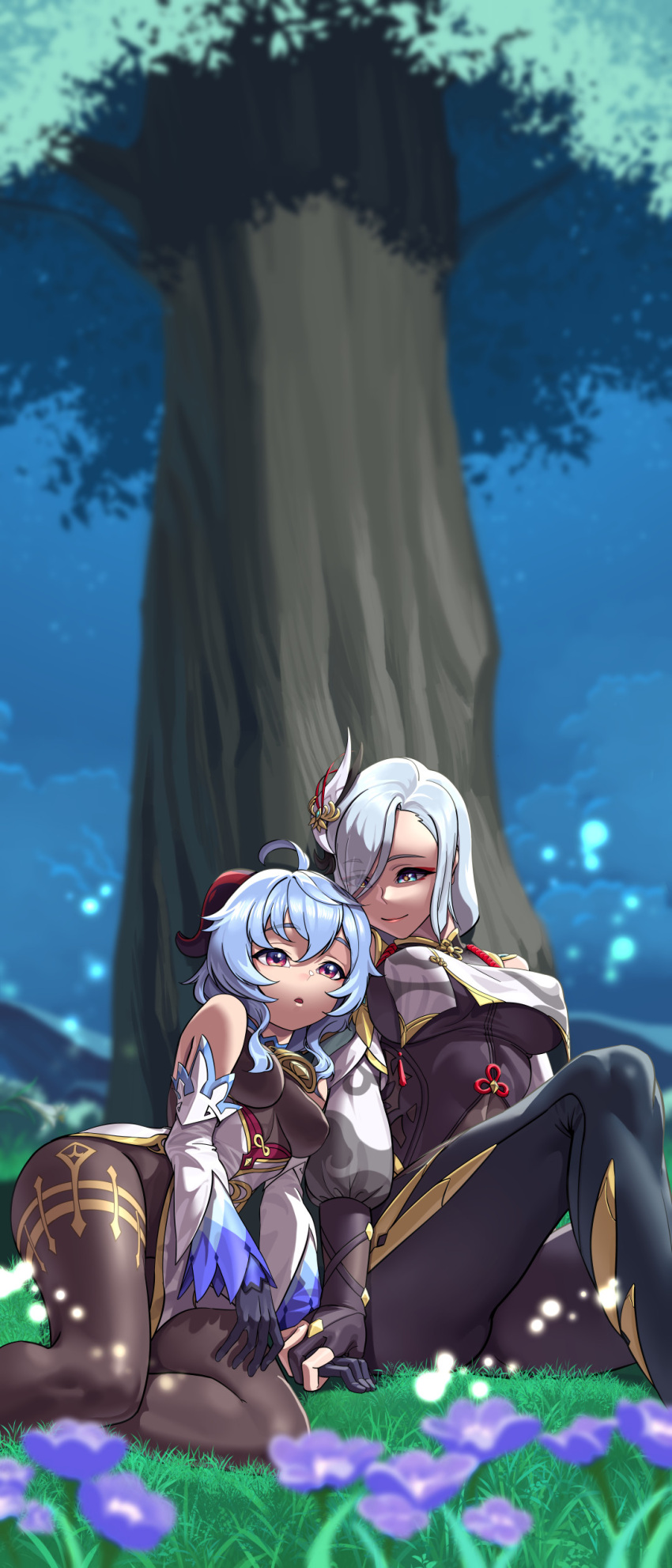 2girls, absurdres, ahoge, bangs, bare_shoulders, bell, black_bodysuit, black_gloves