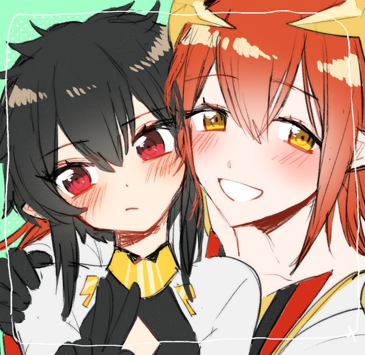 2boys, androgynous, bishounen, black_hair, blush, embarrassed, green_background, koyashaka, laphlaes_selkena, laphlaes_selkena_(fire), looking_at_viewer, lord_of_heroes, male_focus, multiple_boys, nine_(dark), nine_(lord_of_heroes), otoko_no_ko, pale_skin, pointy_ears, redhead, size_difference, smile, violet_eyes, yellow_eyes