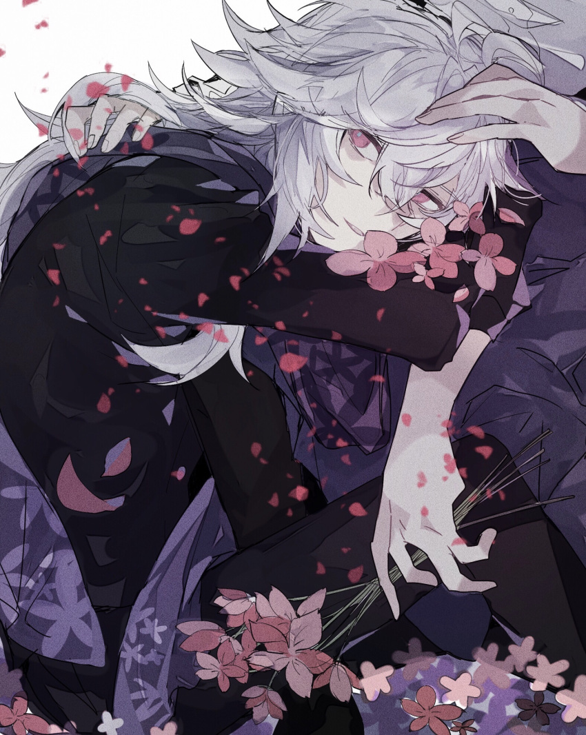 1boy, bishounen, black_pants, black_shirt, fate/grand_order, fate_(series), flower, grey_scarf, highres, holding, holding_flower, long_hair, long_sleeves, looking_to_the_side, merlin_(camelot_&amp;_co)_(fate), merlin_(fate), messy_hair, misato_karuha, pants, scarf, shirt, silver_hair, violet_eyes