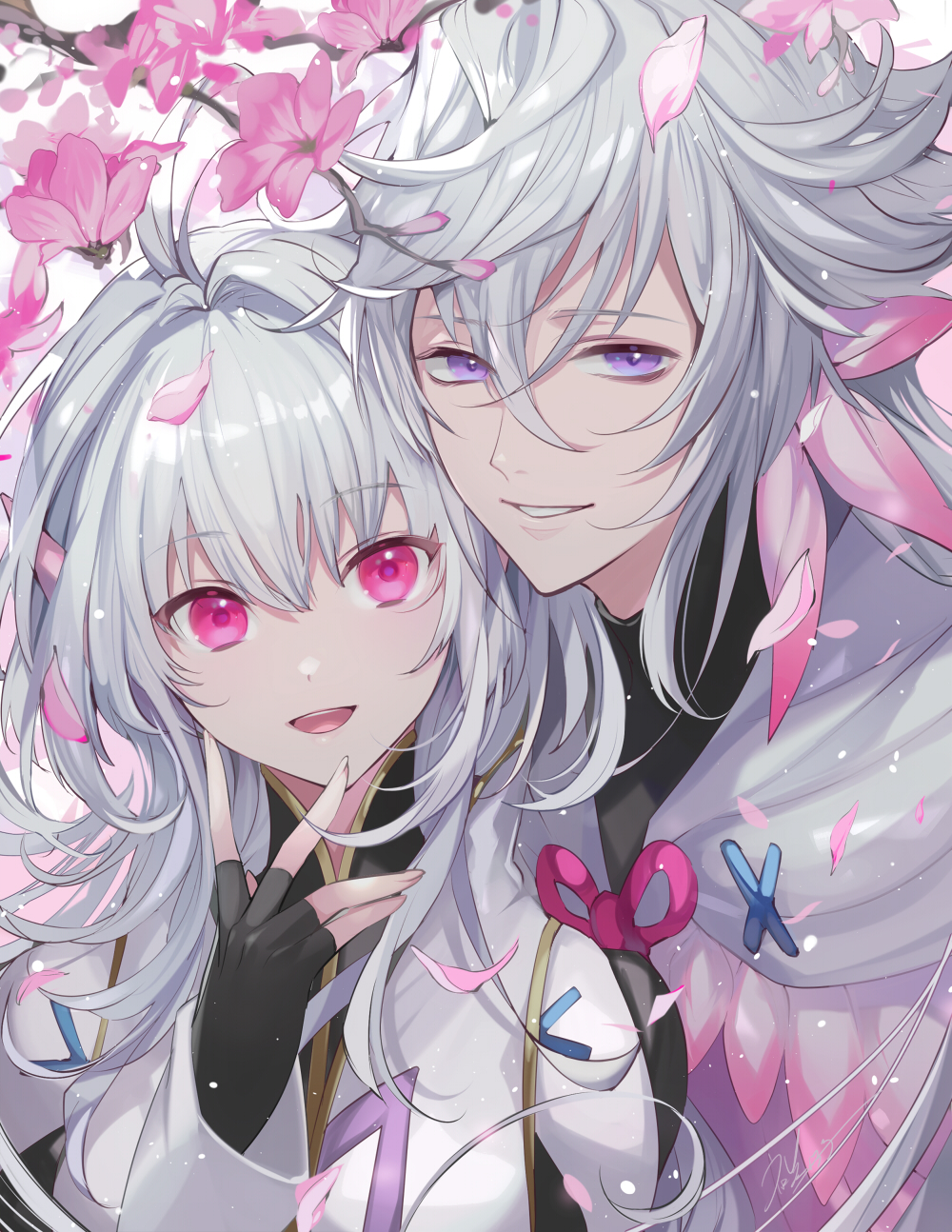 1boy, 1girl, :d, dual_persona, duplicate, eyebrows_visible_through_hair, eyes_visible_through_hair, fate/grand_order