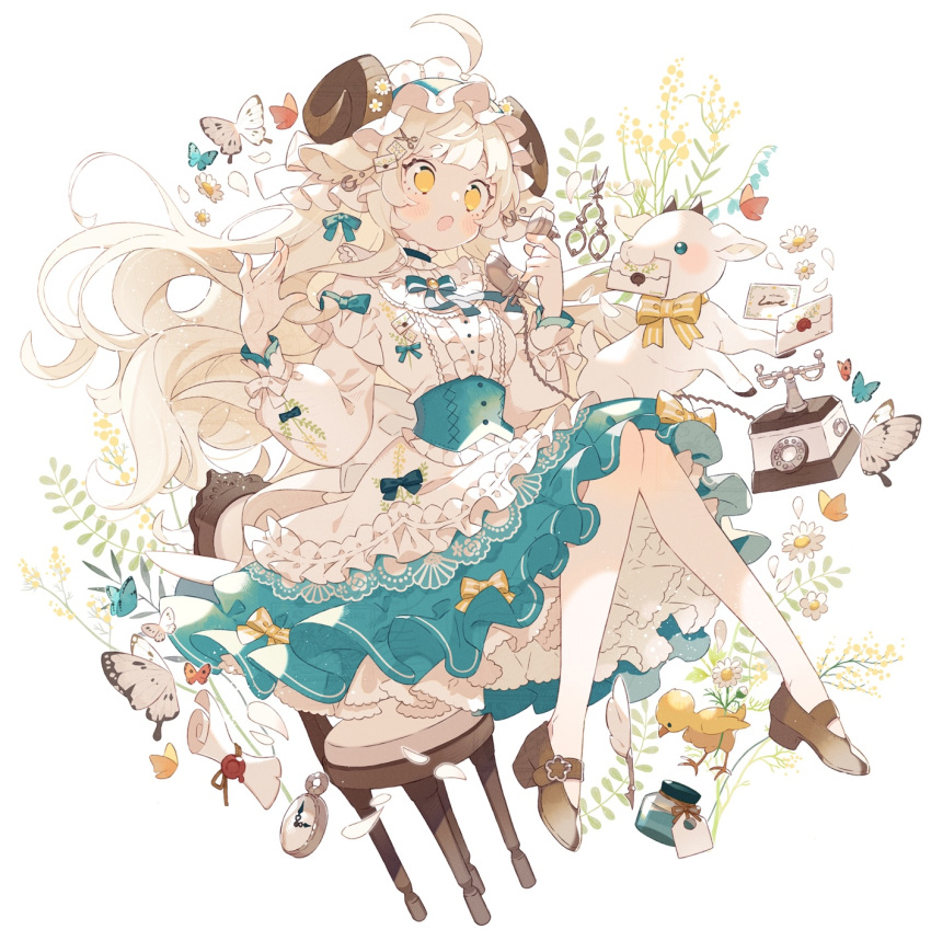1girl, :o, animal_ears, bird, blue_butterfly, blue_dress, blush, bottle
