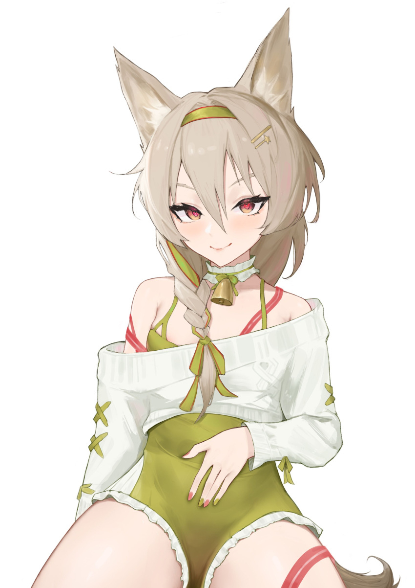 1girl, absurdres, arknights, bare_shoulders, beanstalk_(arknights), beanstalk_(gift_uncompleted)_(arknights), bell, black_dress, blush, braid, breasts, brown_eyes, brown_hair, cowboy_shot, cropped_sweater, dress, green_hairband, green_nails, green_ribbon, hair_between_eyes, hair_ornament, hair_ribbon, hairband, hairclip, hand_on_own_stomach, heart, heart-shaped_pupils, highres, hyena_ears, hyena_girl, hyena_tail, long_hair, looking_at_viewer, multicolored_hair, multicolored_nails, nail_polish, neck_bell, off-shoulder_sweater, off_shoulder, official_alternate_costume, red_nails, ribbon, sawaki_ken, simple_background, sitting, small_breasts, smile, solo, star_(symbol), star_hair_ornament, stomach, streaked_hair, sweater, symbol-shaped_pupils, thighs, white_background, white_sweater