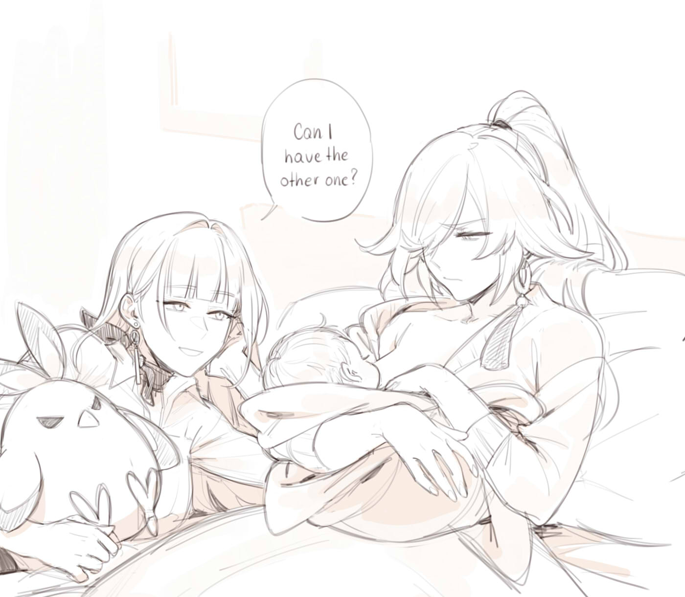 2girls, baby, bangs, blunt_bangs, breastfeeding, cheek_rest, closed_mouth, earrings