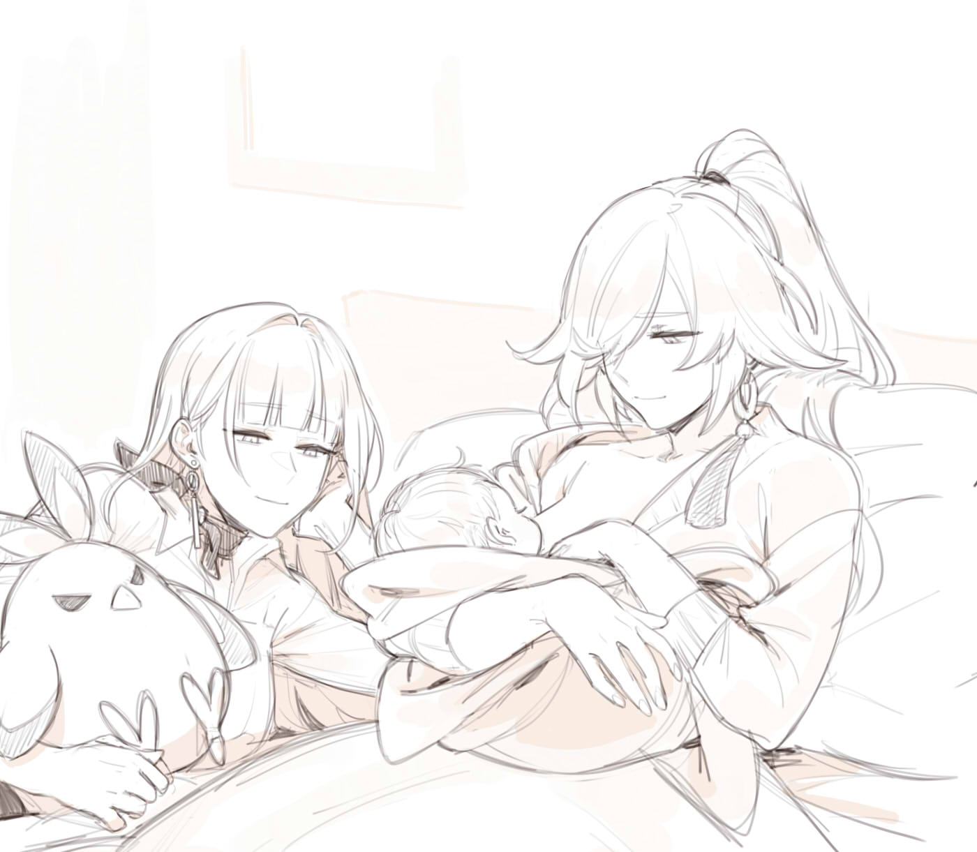 2girls, baby, bangs, blunt_bangs, breastfeeding, cheek_rest, closed_mouth, earrings