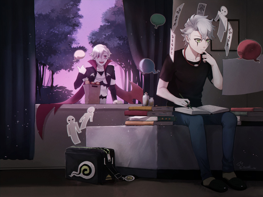 2boys, absurdres, bag, black_nails, black_shirt, book, book_stack, bookbag, bottle, curtains, denim, food, green_eyes, highres, hijinrui_gakuen, indoors, jewelry, multiple_boys, necklace, pale_skin, paper_cutout, shirt, shopping_bag, sitting, suiseki, white_hair, window