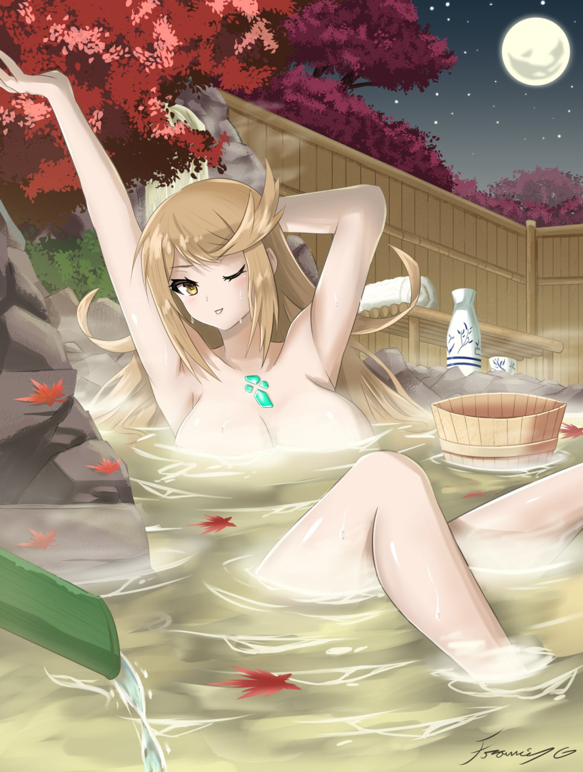 1girl, arm_behind_head, armpits, arms_up, bangs, bath, bathing, blonde_hair, blush, breasts, chest_jewel, collarbone, convenient_censoring, english_commentary, eyebrows_visible_through_hair, feet_out_of_frame, fgsketch, gem, highres, large_breasts, leaf, leaning_back, legs, long_hair, looking_at_viewer, moon, mythra_(xenoblade), night, night_sky, nude, one_eye_closed, onsen, outdoors, partially_submerged, rock, shiny, shiny_hair, shiny_skin, sidelocks, signature, sitting, sky, solo, steam, steam_censor, stretch, swept_bangs, thighs, towel, tree, water_spring, wet, xenoblade_chronicles_(series), xenoblade_chronicles_2, yellow_eyes