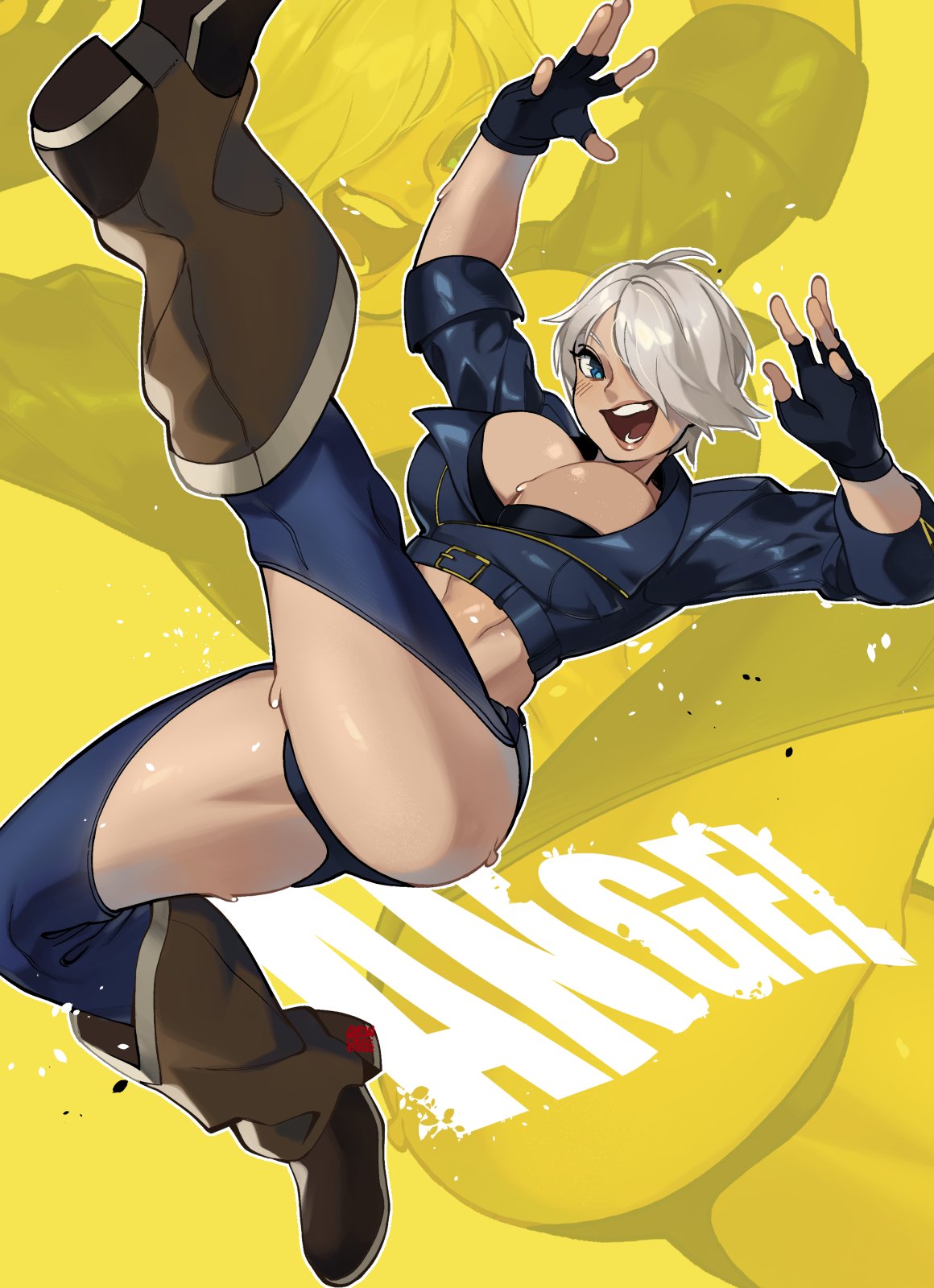 1girl, angel_(kof), backless_pants, black_gloves, blue_eyes, boots, breasts, chaps