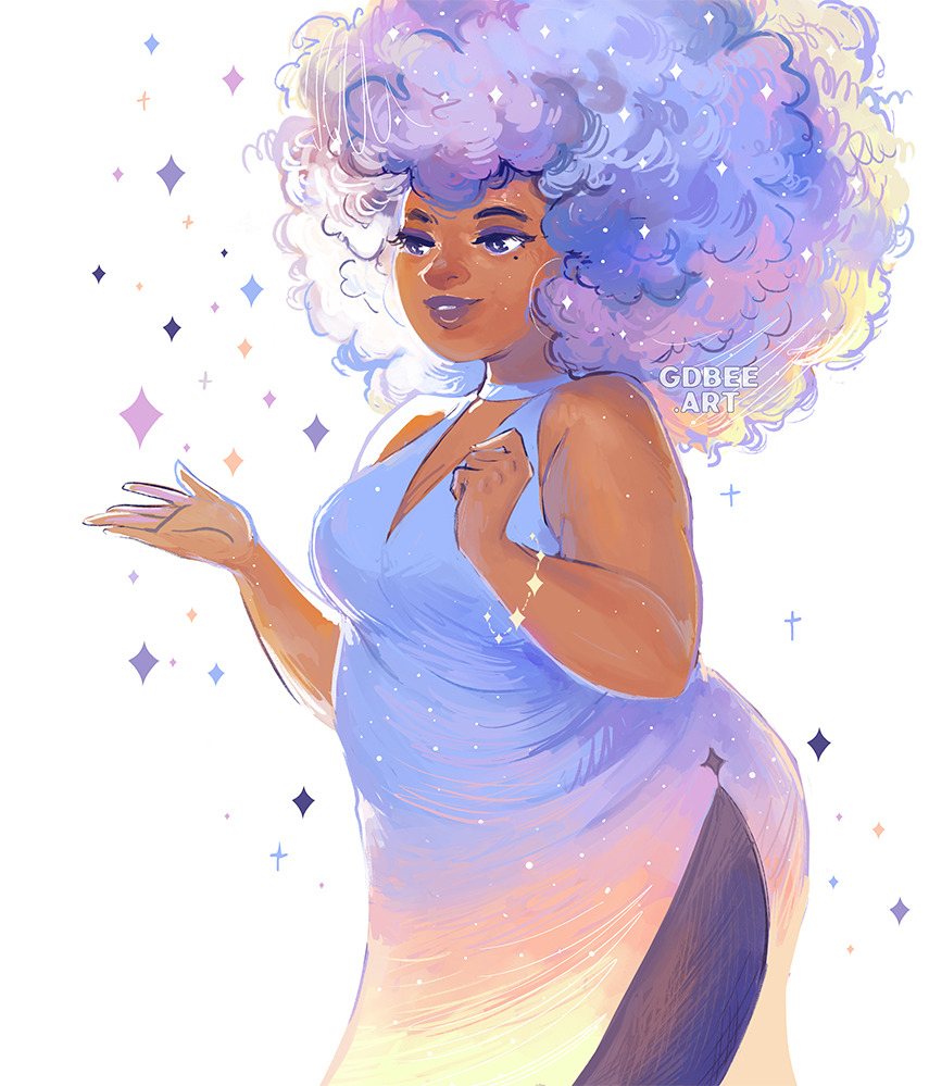 1girl, afro, artist_name, big_hair, bracelet, breasts, closed_mouth, commentary, cowboy_shot, curly_hair, dark-skinned_female, dark_skin, dress, english_commentary, eyeshadow, fat, geneva_bowers, jewelry, makeup, medium_hair, original, purple_dress, purple_eyeshadow, purple_hair, purple_lips, side_slit, simple_background, smile, solo, sparkle, standing, violet_eyes, watermark, white_background