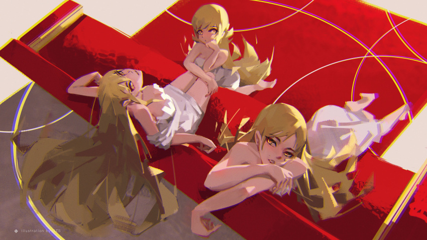 3girls, absurdres, bakemonogatari, bangs, barefoot, blonde_hair, breasts, carpet