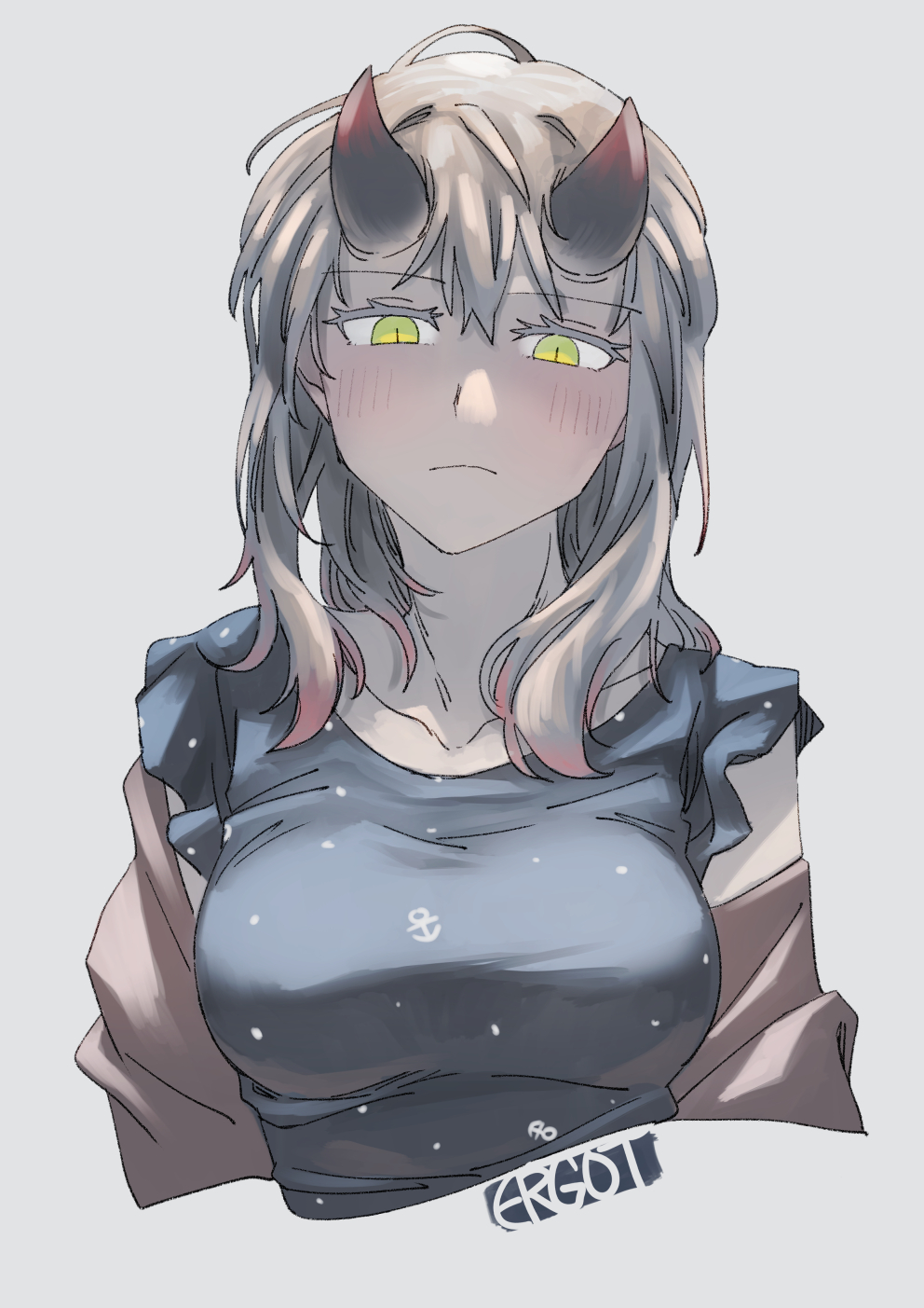 1girl, abyssal_ship, alternate_breast_size, alternate_hairstyle, anchor_print, bangs, blue_dress, blush, breasts, closed_mouth, cropped_torso, dress, ergot, eyebrows_visible_through_hair, fubuki_(kancolle), green_eyes, grey_background, grey_hair, hair_between_eyes, hair_down, highres, horns, kantai_collection, lycoris_fubuki, medium_breasts, multicolored_hair, pale_skin, redhead, signature, simple_background, solo