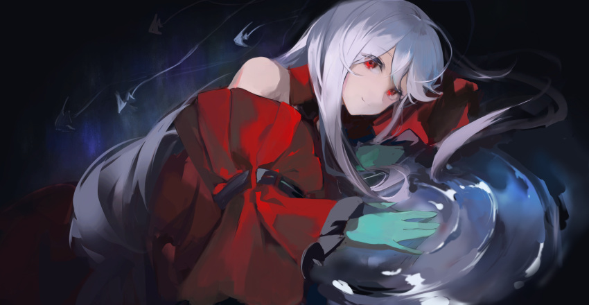 1girl, 233baso4, absurdres, aqua_gloves, arknights, dark_background, detached_sleeves, dress, fish, gloves, grey_hair, highres, long_hair, looking_at_viewer, lying, official_alternate_costume, on_side, red_dress, red_eyes, red_sleeves, skadi_(arknights), skadi_the_corrupting_heart_(arknights), sketch, smile, solo, split_mouth, very_long_hair, water