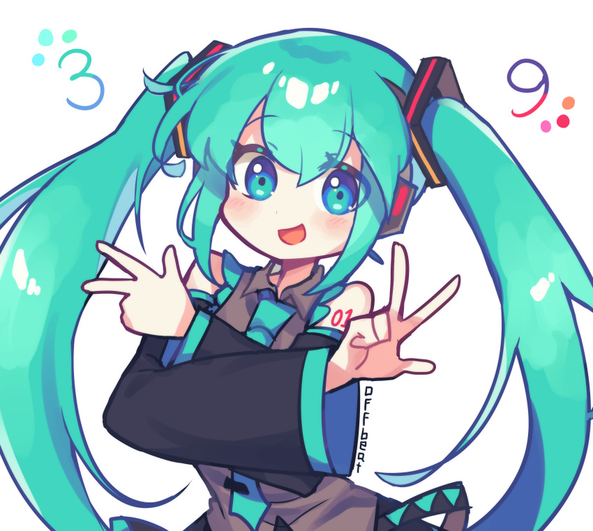 1girl, :d, absurdres, aqua_eyes, aqua_hair, aqua_necktie, bangs, crossed_arms, detached_sleeves, double_v, hatsune_miku, highres, long_hair, long_sleeves, looking_at_viewer, necktie, number_tattoo, offbeat, simple_background, sleeveless, smile, solo, tattoo, twintails, upper_body, v, very_long_hair, vocaloid, white_background