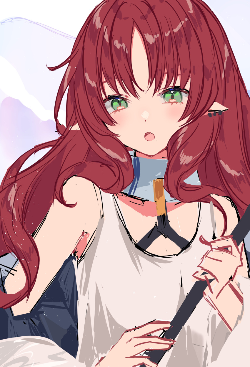 1girl, :o, absurdres, arknights, bangs, bare_shoulders, ear_piercing, eyebrows_behind_hair