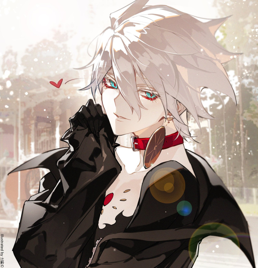 1boy, alternate_costume, bishounen, black_gloves, black_jacket, blue_eyes, chest_jewel, earrings