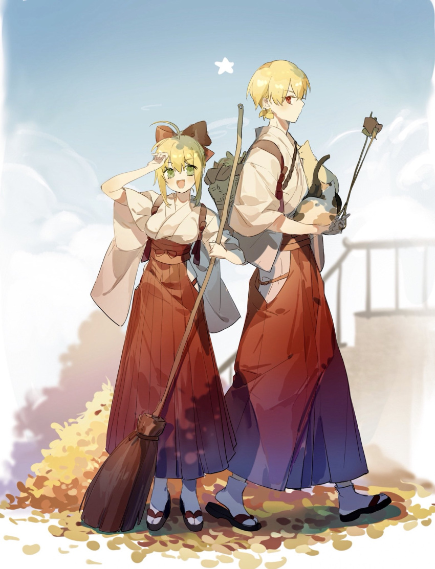1boy, 1girl, ahoge, alternate_costume, bangs, blonde_hair, cat, e_(h798602056)