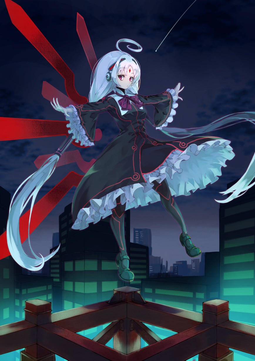 1girl, ahoge, black_dress, black_legwear, bow, building, city, closed_mouth