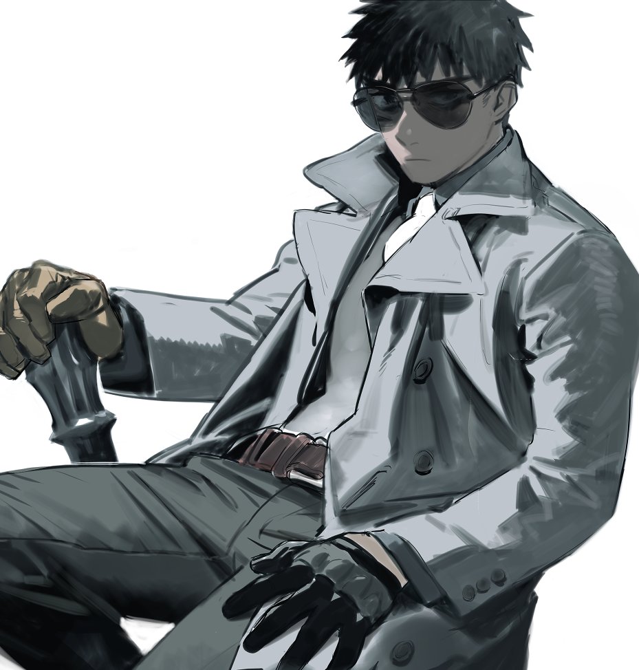 1boy, alchemy_stars, belt, black_gloves, black_hair, brown_gloves, closed_mouth, coat