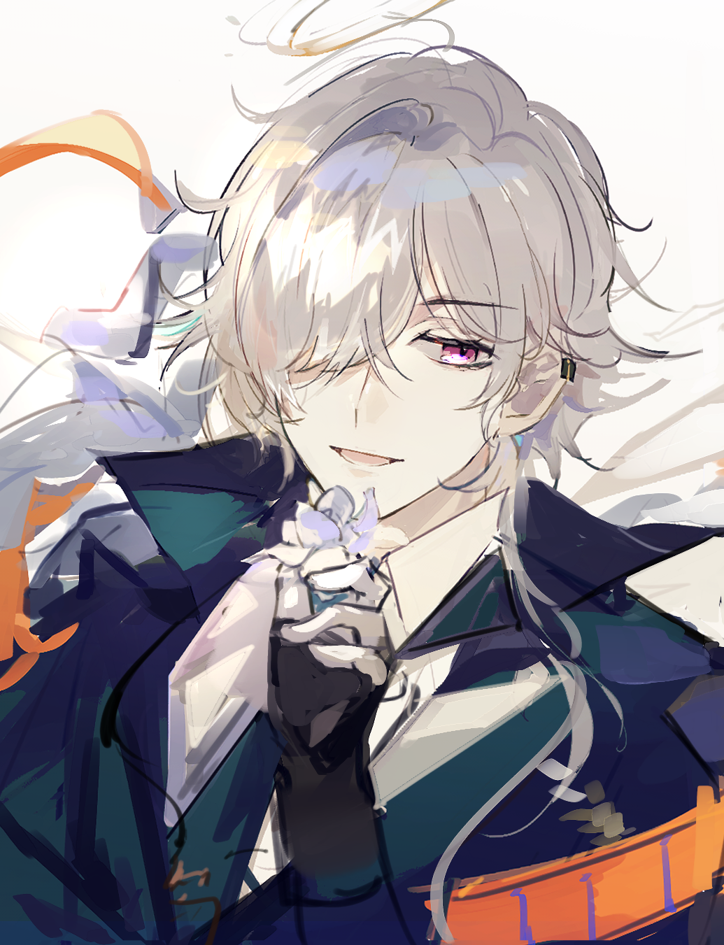 1boy, :d, arknights, black_gloves, blue_jacket, blue_necktie, collared_shirt, ear_piercing