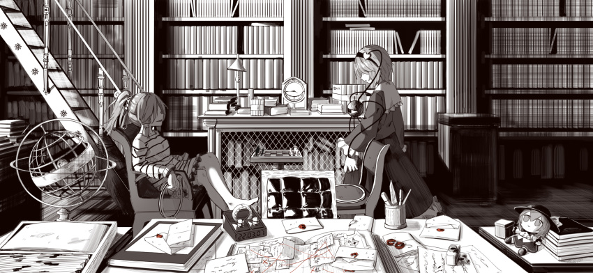 2girls, :|, armchair, astrolabe, barefoot, blouse, board_game, book