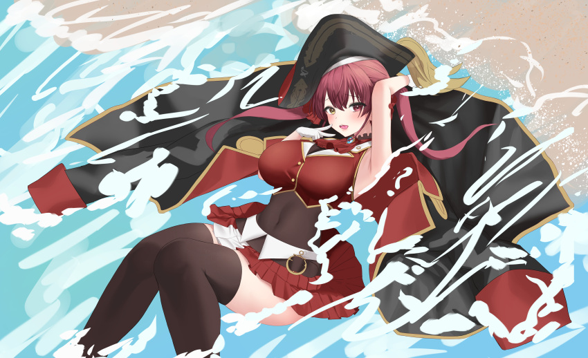 1girl, absurdres, arm_up, armpits, blush, breasts, coat, covered_navel