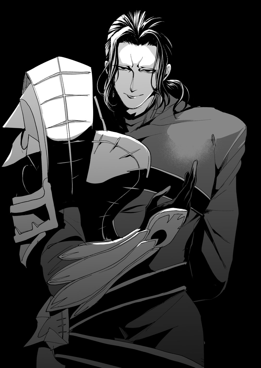 1boy, armor, black_gloves, black_hair, bowing, cowboy_shot, evil_smile, fate/grand_order, fate_(series), frown, gilles_de_rais_(saber)_(fate), gloves, greyscale, highres, kurakura_(kura28913), leaning_forward, long_hair, looking_at_viewer, male_focus, monochrome, pauldrons, pectorals, ponytail, shoulder_armor, sidelocks, single_pauldron, smile, solo
