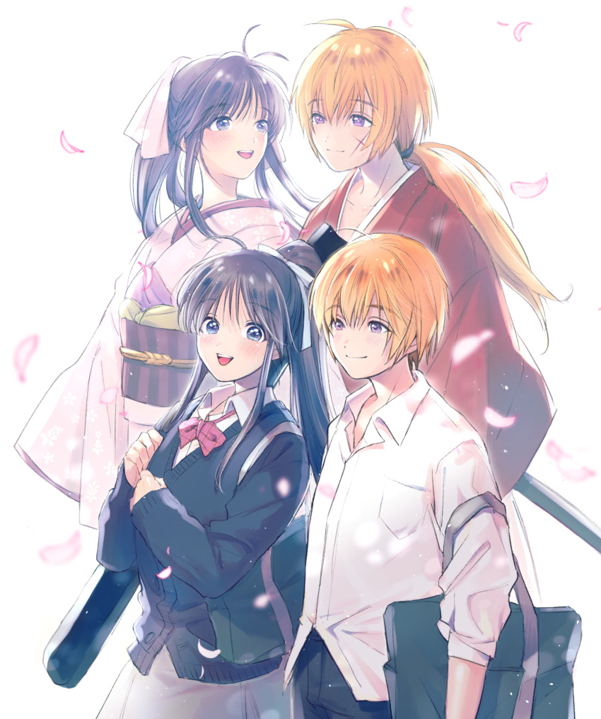 2boys, 2girls, :d, ahoge, alternate_universe, bag, bangs, blue_eyes