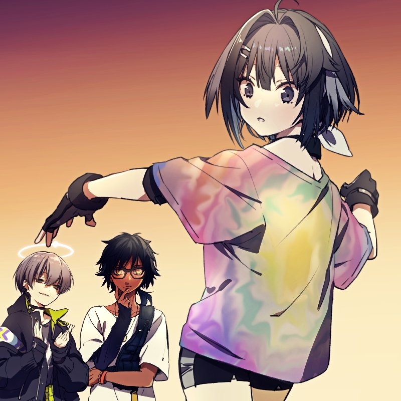 1girl, 2boys, 610_lc, ahoge, alternate_costume, arene_(arknights), arknights, bespectacled, black_choker, black_eyes, black_gloves, black_hair, black_jacket, black_shorts, choker, clapping, dark-skinned_male, dark_skin, fingerless_gloves, ganeshia, glasses, gloves, gradient, gradient_background, grey_hair, hair_intakes, halo, head_rest, jacket, la_pluma_(arknights), multicolored_hair, multicolored_shirt, multiple_boys, official_alternate_costume, open_clothes, open_jacket, orange_background, shirt, short_hair, shorts, streaked_hair, t-shirt, thorns_(arknights), thorns_(comodo)_(arknights), tie-dye, yellow_eyes