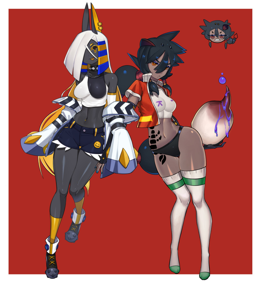 2girls, absurdres, animal_ears, antenna_hair, anu_(bugita), arthropod_girl, badge, bare_shoulders