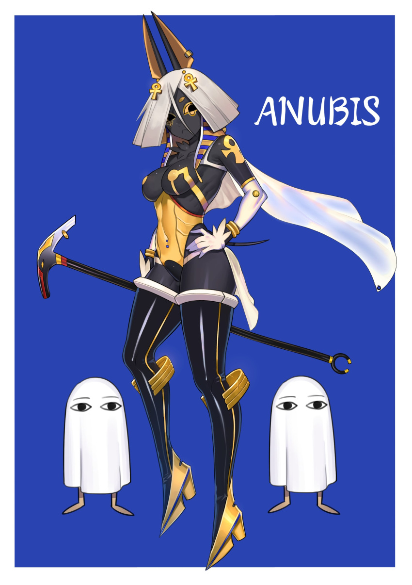 1girl, :<, absurdres, animal_ears, ankh, ankh_hair_ornament, anu_(bugita), arm_tattoo, black_eyes, black_legwear, black_skin, blue_background, boots, border, bugita, character_name, closed_mouth, colored_sclera, colored_skin, detached_sleeves, earrings, egyptian, egyptian_clothes, gloves, gold_footwear, gold_trim, grey_hair, hair_between_eyes, hair_ornament, hand_on_hip, highres, holding, holding_staff, jewelry, navel, navel_piercing, orange_sclera, original, piercing, scratches, see-through, see-through_silhouette, short_hair, shoulder_tattoo, staff, tail, tattoo, thigh-highs, thigh_boots, veil, white_border, white_gloves