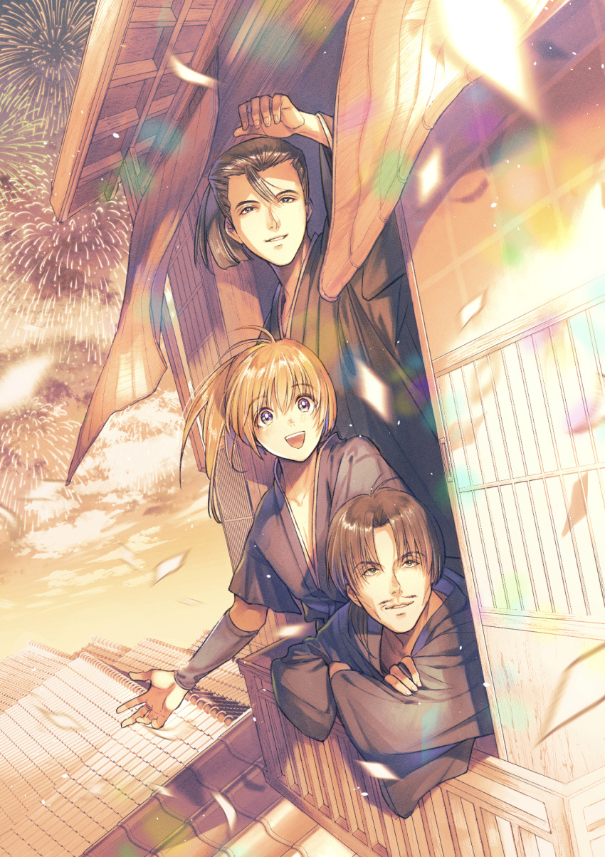 3boys, :d, aerial_fireworks, architecture, arm_guards, arm_rest, bangs, black_hair, blunt_ends, confetti, crossed_arms, curtains, dutch_angle, east_asian_architecture, facial_hair, fireworks, floating_hair, from_outside, from_side, hair_between_eyes, hair_pulled_back, hand_up, happy, high_ponytail, highres, himura_kenshin, iizuka_(rurouni_kenshin), japanese_clothes, katsura_kogorou, kimono, long_hair, long_sleeves, looking_afar, looking_away, looking_to_the_side, male_focus, motion_blur, multiple_boys, mustache, natsu_mikan_(level9), open_mouth, orange_hair, outstretched_arm, parted_lips, ponytail, rooftop, rurouni_kenshin, shading_eyes, short_sleeves, smile, smirk, through_window, violet_eyes, wind, window
