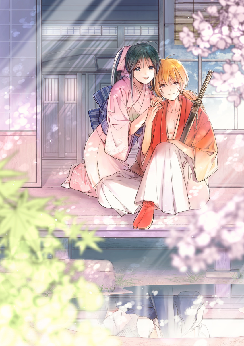 1boy, 1girl, architecture, bamboo_screen, bangs, black_hair, blue_eyes, blurry, branch, cross_scar, dappled_sunlight, depth_of_field, east_asian_architecture, flower, hair_ribbon, hakama, hands_on_another's_shoulder, high_ponytail, highres, himura_kenshin, holding_hands, japanese_clothes, kamiya_kaoru, kimono, knee_up, kneeling, leaf, long_hair, long_sleeves, low_ponytail, midriff_sarashi, natsu_mikan_(level9), no_shoes, obi, on_floor, orange_hair, pink_kimono, pink_ribbon, ponytail, porch, puddle, red_legwear, reflection, ribbon, rurouni_kenshin, sarashi, sash, scar, scar_on_cheek, scar_on_face, shouji, sidelocks, sitting, sliding_doors, smile, sunlight, sword, tabi, veranda, violet_eyes, weapon, white_legwear, wide_sleeves, wooden_floor
