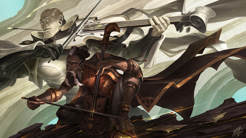 2boys, bald, bangs, beard, black_hair, braid, brown_cape, cape