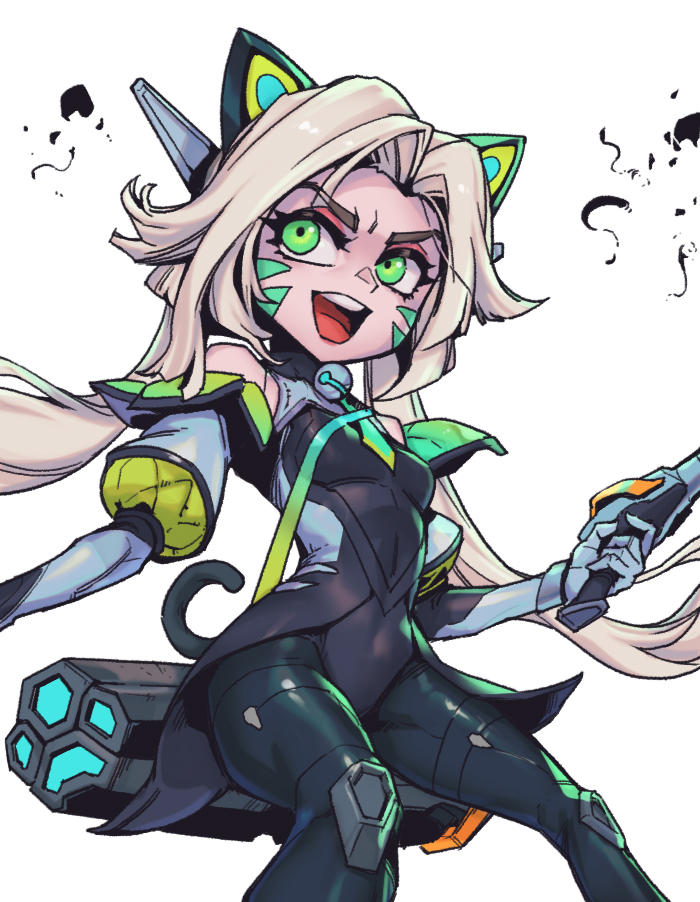 1girl, :d, animal_ears, bangs, bare_shoulders, battle_cat_jinx, black_bodysuit, blonde_hair