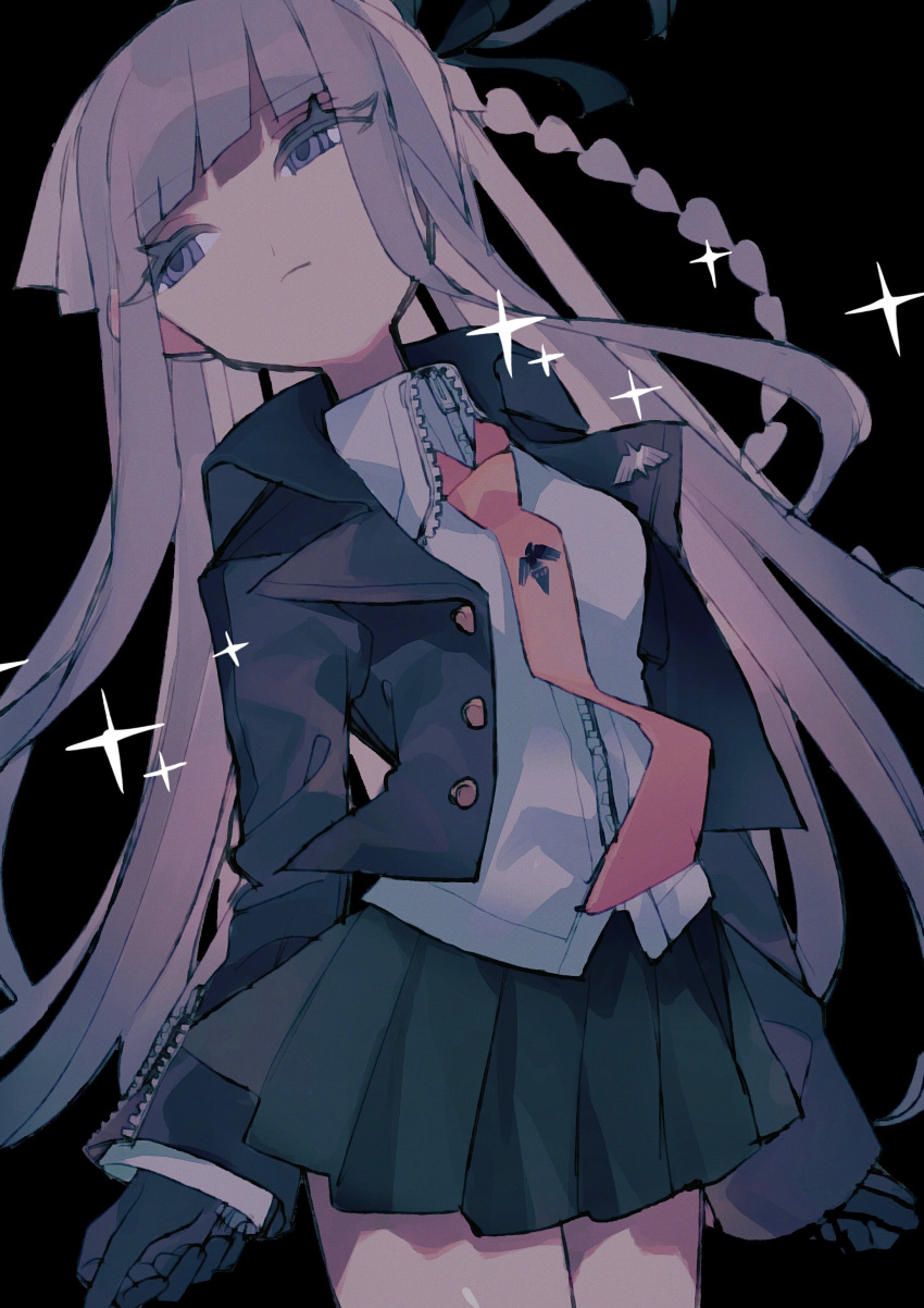 1girl, absurdres, bangs, black_background, black_gloves, black_jacket, black_ribbon, braid, breasts, closed_mouth, collared_shirt, danganronpa:_trigger_happy_havoc, danganronpa_(series), eyebrows_visible_through_hair, gloves, grey_shirt, hair_ribbon, highres, jacket, kirigiri_kyouko, long_hair, long_sleeves, looking_to_the_side, manaita_no_sake, medium_breasts, miniskirt, open_clothes, open_jacket, pleated_skirt, purple_hair, ribbon, shirt, single_braid, skirt, solo, sparkle, violet_eyes