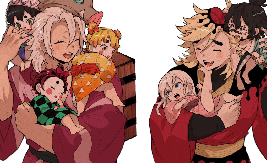 1girl, 6+boys, :d, :o, :t, ^_^, agatsuma_zenitsu, alternate_universe, baby, baby_carry, bangs, bangs_pinned_back, bare_legs, barefoot, black_hair, blonde_hair, blush_stickers, borrowed_garments, bow, brother_and_sister, brown_hair, carrying, checkered_clothes, checkered_kimono, climbing, closed_eyes, colored_tips, daki_(kimetsu_no_yaiba), douma_(kimetsu_no_yaiba), earrings, eyelashes, facial_mark, finger_sucking, flipped_hair, gohanha118, gradient_kimono, green_eyes, green_nails, gyuutarou_(kimetsu_no_yaiba), hair_between_eyes, hair_bow, hair_down, hashibira_inosuke, highres, holding, holding_another's_hair, holding_scythe, holding_weapon, japanese_clothes, jewelry, kamado_tanjirou, kicking, kimetsu_no_yaiba, kimono, knees_up, layered_sleeves, leg_up, lipstick, long_sleeves, looking_at_another, looking_down, looking_to_the_side, looking_up, lying, makeup, medium_hair, multicolored_hair, multicolored_nails, multiple_boys, multiple_earrings, nail_polish, obi, on_back, open_mouth, orange_hair, pig_head, pink_nails, princess_carry, purple_nails, red_bow, red_kimono, sash, scythe, siblings, side-by-side, sitting, sitting_on_shoulder, sleeping, smile, streaked_hair, striped, striped_kimono, sweatdrop, tears, topknot, triangle, twintails, upper_body, uzui_tengen, wavy_hair, weapon, white_hair, yellow_kimono, younger
