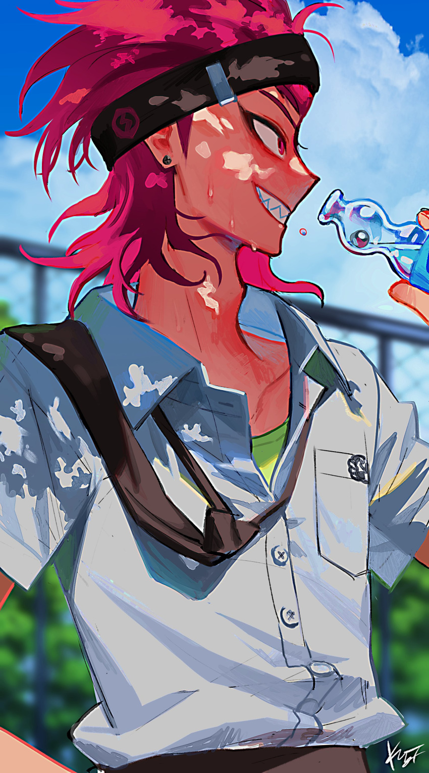 1boy, absurdres, black_necktie, blurry, blurry_background, bottle, breast_pocket, clouds, danganronpa_(series), danganronpa_2:_goodbye_despair, day, dress_shirt, gimmogi_kimumogi, grey_shirt, grin, headband, highres, holding, holding_bottle, medium_hair, necktie, outdoors, pink_eyes, pink_hair, pocket, profile, sharp_teeth, shirt, shirt_tucked_in, short_hair, signature, smile, solo, souda_kazuichi, teeth