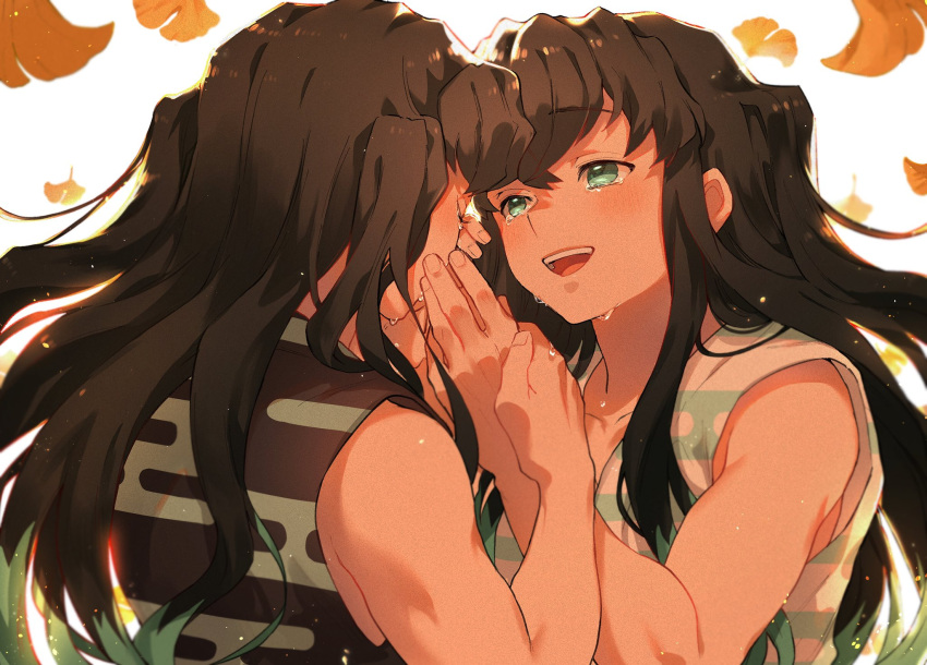2boys, :d, autumn_leaves, bangs, bare_shoulders, black_hair, blush, brothers, closed_eyes, colored_tips, crying, crying_with_eyes_open, egasumi, face-to-face, falling_leaves, ginkgo_leaf, gohanha118, green_eyes, green_hair, hand_on_another's_hand, hands_up, highres, japanese_clothes, kimetsu_no_yaiba, kimono, leaf, long_hair, long_sleeves, looking_at_another, male_focus, multicolored_hair, multiple_boys, siblings, sleeveless, smile, streaked_hair, tears, tokitou_muichirou, tokitou_yuichirou, twins, two-tone_hair, two_side_up, white_background, wiping_tears, younger