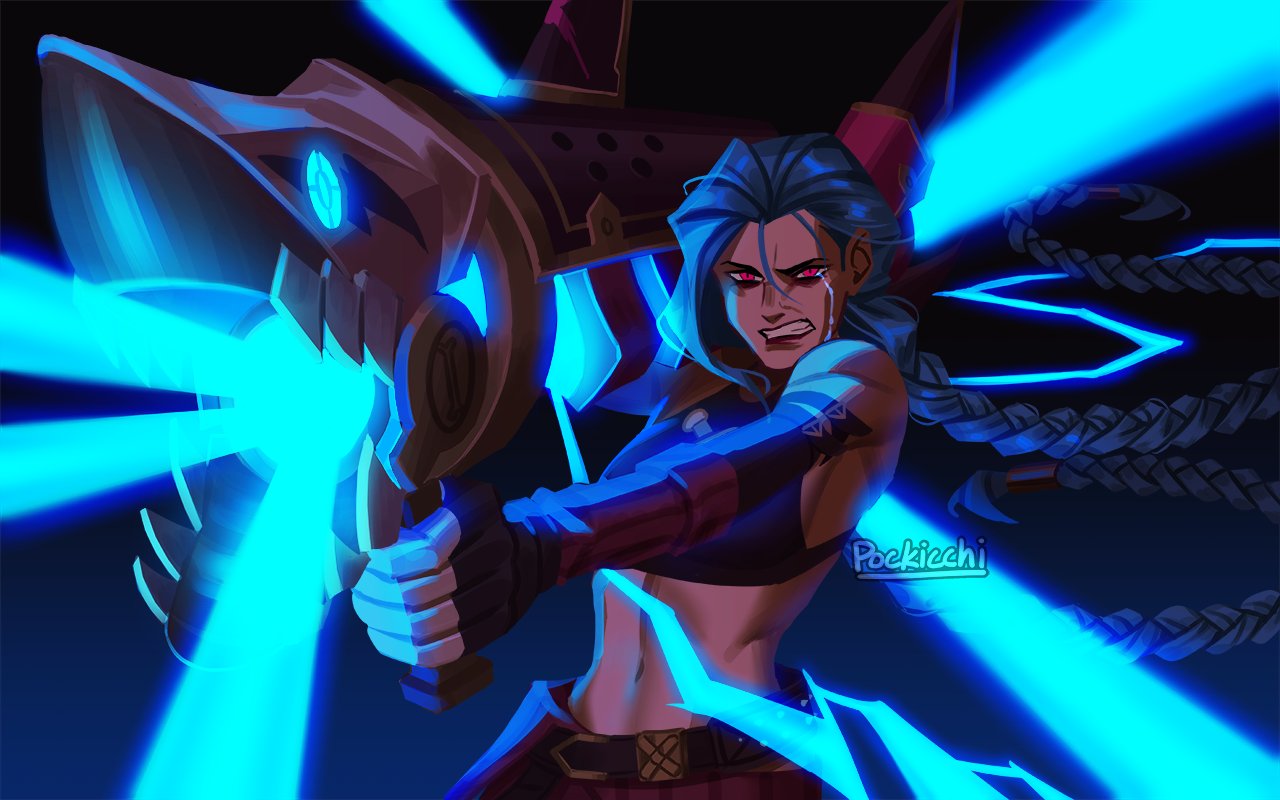 1girl, arcane:_league_of_legends, arcane_jinx, artist_name, asymmetrical_bangs, bangs, bare_shoulders, belt, black_background, blue_background, blue_hair, braid, breasts, cowboy_shot, crying, fingerless_gloves, gloves, glowing, holding, holding_weapon, jinx_(league_of_legends), league_of_legends, long_hair, navel, over_shoulder, pants, pink_eyes, pink_pants, pockicchi, rocket_launcher, solo, stomach, streaming_tears, striped, striped_pants, tears, twin_braids, weapon, weapon_over_shoulder