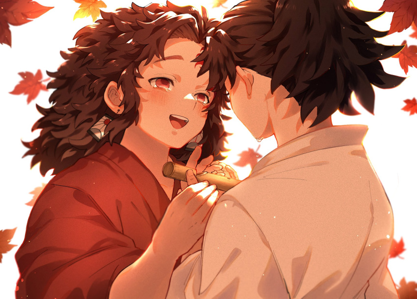 2boys, autumn_leaves, bangs, black_hair, blush, brothers, brown_hair, crying