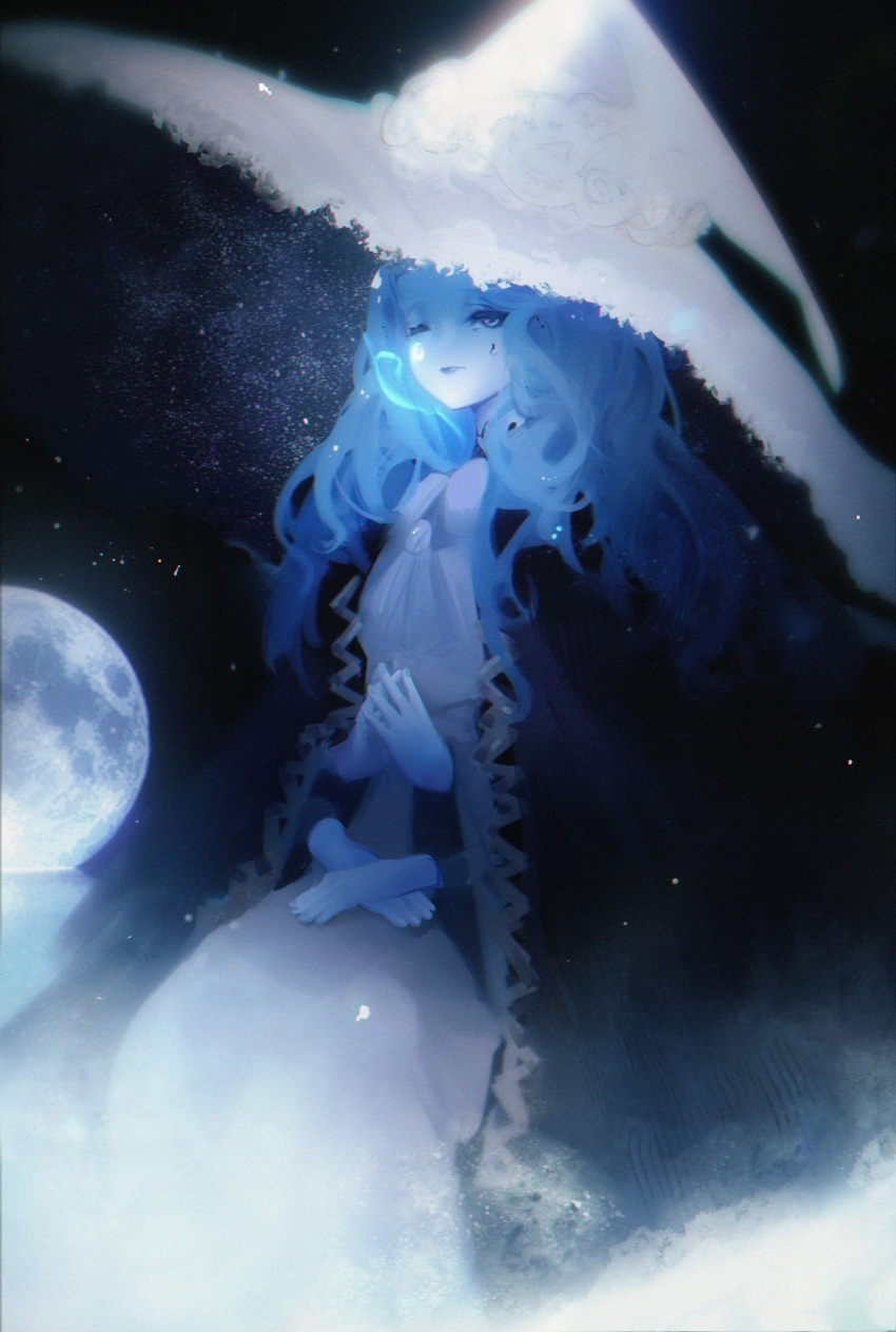 1girl, absurdres, blue_eyes, blue_skin, colored_skin, crack, cracked_skin, dress