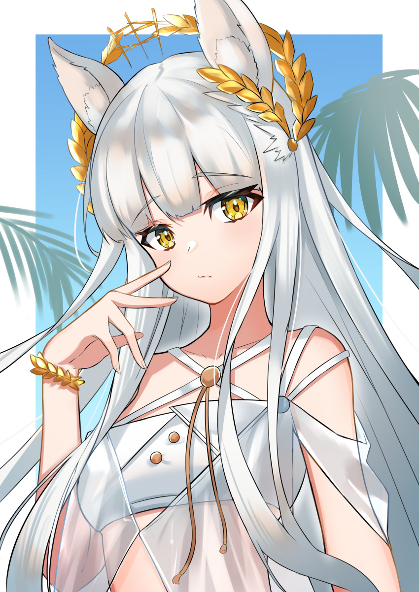 1girl, absurdres, animal_ears, arknights, bikini, bracelet, breasts, criss-cross_halter