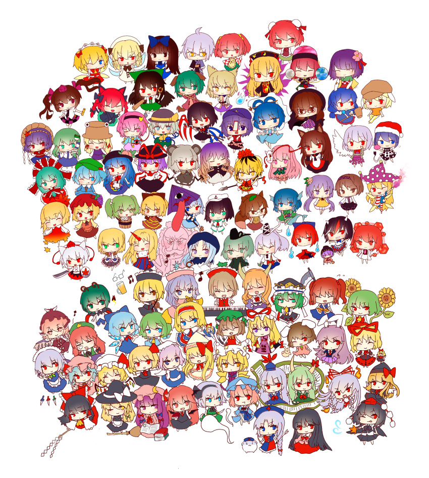 1boy, 6+girls, :<, :o, :p, ^_^, aki_minoriko, aki_shizuha