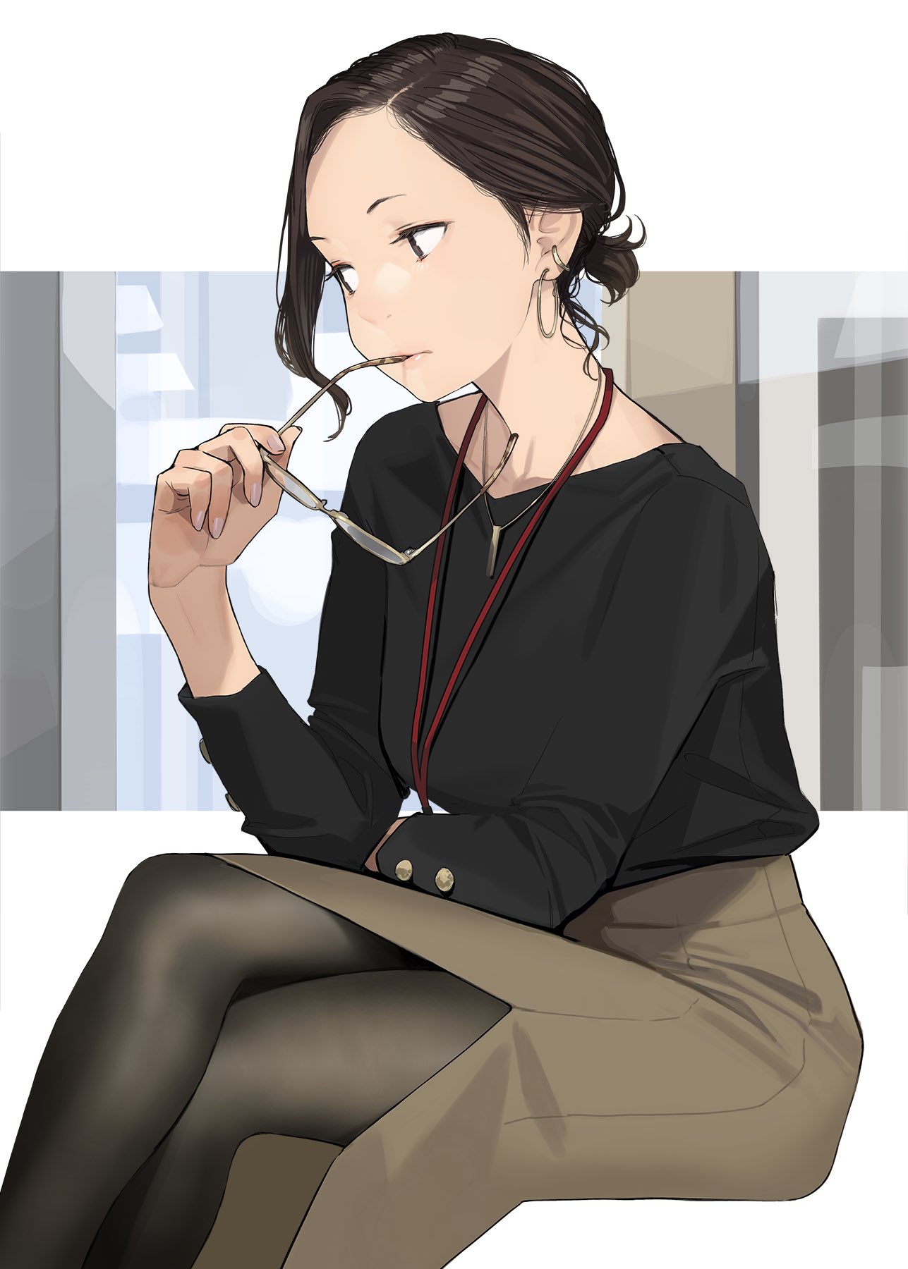 black_shirt, brown_eyes, brown_hair, brown_skirt, commentary_request, earrings, fingernails, ganbare_douki-chan