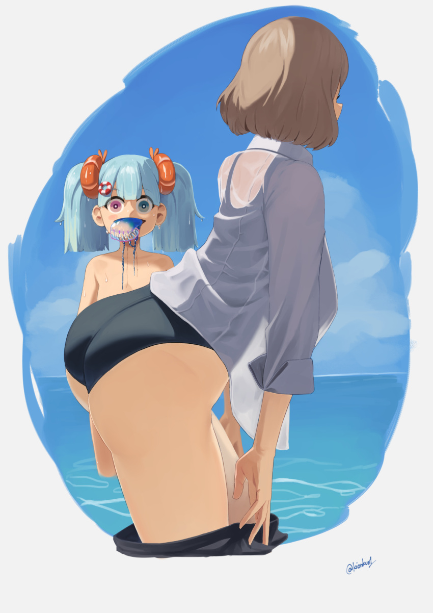 2girls, alternate_costume, aqua_hair, ass, back, bangs, bare_shoulders, blue_eyes, blue_swimsuit, brown_hair, competition_swimsuit, cropped_legs, eyebrows_visible_through_hair, girls_frontline, heterochromia, highres, jellyfish, kion-kun, kord_(girls'_frontline), light_brown_hair, looking_at_another, looking_at_viewer, m1895_cb_(girls'_frontline), multiple_girls, on_water, one-piece_swimsuit, pink_eyes, shirt, short_hair, simple_background, standing, swimsuit, thighs, twintails, twitter_username, wet, wet_clothes, wet_shirt, white_shirt